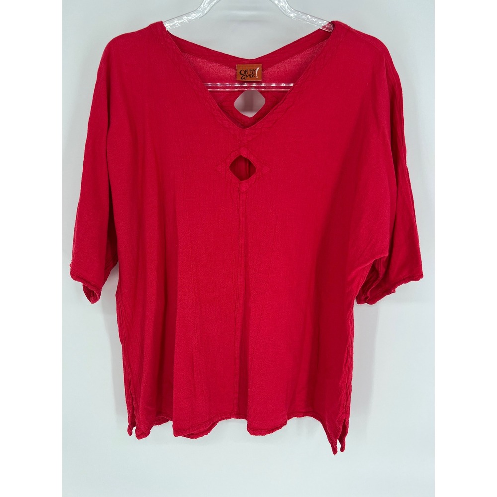OH MY GAUZE Top Women's L/XL Red V-Neck Cutout Short Sleeve Cotton Lagenlook 2